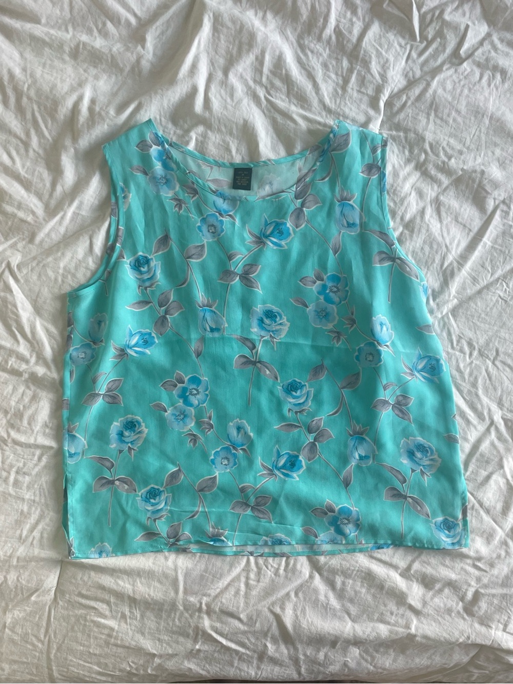 Teal Floral 100% Silk Tank Top (Medium)